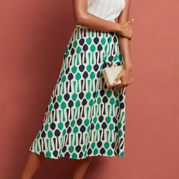 EVA FRANCO Blue & Green Cream Cotton Spoon Print Pleated Peplum Midi Skirt - Picture 1 of 9